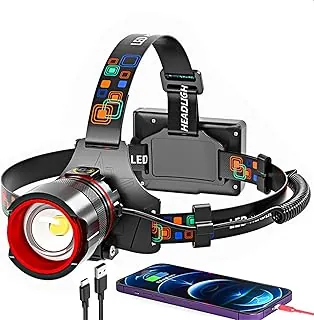Linterna frontal recargable de 90000 lúmenes, lámpara de cabeza ultra brillante, luz de casco duro con zoom, IPX54, accesorios de campamento, 6 modos, impermeable, faro delantero, equipo de campamento
