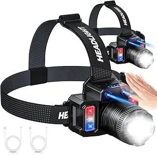 Linterna frontal recargable, paquete de 2, linterna LED súper brillante con 5 modos de iluminación, foco con zoom y reflector, lámpara de cabeza ajustable impermeable de 360° para camping, senderismo, correr