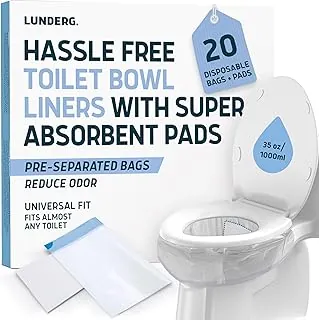 Lunderg Bolsas de inodoro con almohadillas superabsorbentes, paquete económico de 20 unidades, ajuste universal, bolsas de inodoro desechables para convertir cualquier inodoro, hogar, barco o