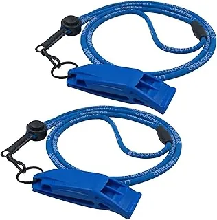 LuxoGear Silbato azul (paquete de 2) silbato de seguridad y emergencia de 120 dB con cordón y cierre de separación para senderismo, kayak, barco, seguridad personal, viajes, kits de emergencia