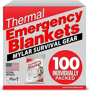 Mart Cobra Paquete de 100 mantas de emergencia | Manta térmica reflectante | Equipo de supervivencia | Mantas ligeras de Mylar | Retiene el 90% del calor corporal | Esencial para camping, primeros