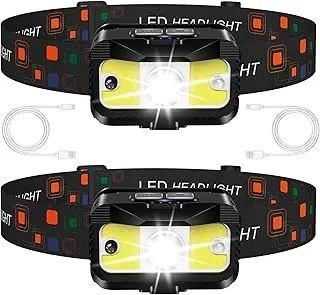 MIOISY Linterna frontal recargable, 1200 lúmenes, linterna LED ultra brillante con luz blanca y roja, paquete de 2 sensores de movimiento impermeables, 8 modos de luces para acampar al aire libre,
