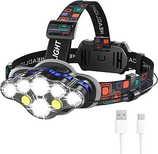 MIOISY - Linterna recargable para cabeza, 8 luces LED súper brillantes, lámpara de cabeza con luz roja y blanca, resistente al agua IPX4, 8 modos, para la frente, linterna de cabeza para senderismo
