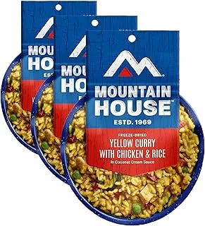 Mountain House Curry amarillo con pollo y arroz | Comida liofilizada para mochileros y campamentos | 2 porciones | Sin gluten (paquete de 3)