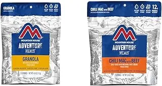 Mountain House Granola con leche y arándanos | Alimentos liofilizados para mochileros y campamentos | 2 porciones y chile Mac con carne de res | Alimentos liofilizados para mochileros y campamentos |