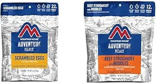 Mountain House Huevos revueltos con tocino | Alimentos liofilizados para mochileros y campamentos | Porción individual | Stroganoff sin gluten y carne de res con fideos | Alimentos liofilizados para