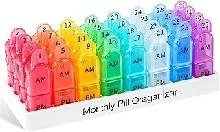 Organizador mensual de píldoras AM/PM 2 veces al día, pastillero Colorwing de 2ª generación de 30/31 días con tapas seguras, diseño sin BPA y compatible con sensores, compartimentos grandes para