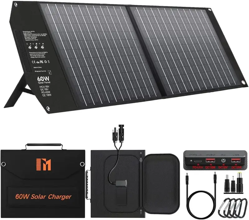 Panel solar portatil plegable de 60W con puertos USB-C PD y conector MC4