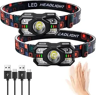 Paquete de 2 faros delanteros recargables, faros LED ligeros para adultos, 1000 lúmenes, con sensor de movimiento de faros delanteros LED rojos, luces delanteras para frente, correr, al aire