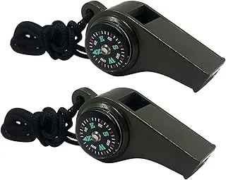 Paquete de 2 silbatos de supervivencia de emergencia, silbatos de emergencia 3 en 1 con brújula y termómetro, silbato de seguridad fuerte con cordón para senderismo al aire libre