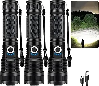 Paquete de 3 linternas recargables de alto lúmenes, 99,000 lúmenes, linternas LED superbrillantes con enfoque ajustable, 5 modos, IPX7 impermeable potente linterna para campamento, senderismo, hogar