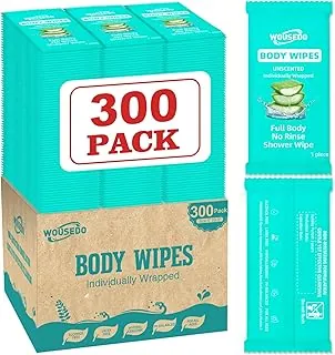 Paquete de 300 toallitas corporales envueltas individualmente (8 x 9.5 pulgadas), toallitas de ducha sin enjuague para adultos, viajes, gimnasio y campamento, toallitas de limpieza a granel para
