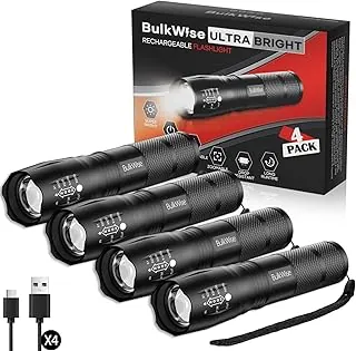 Paquete de 4 linternas recargables de alto lúmenes, linterna pequeña brillante de 1 modo, potentes linternas tácticas recargables, luz LED con zoom para camping, senderismo, regalo de emergencia