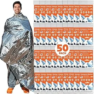 Paquete de 50 mantas térmicas de emergencia de supervivencia, mantas Mylar para exteriores, manta espacial, lámina plateada para supervivencia, kit de supervivencia, mantas de campamento