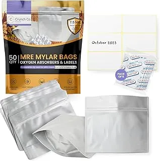 Paquete de bolsas MRE Mylar de 1 cuarto de galón, 50 bolsas con cremallera (7.5 mil - 7.5 x 8.5 pulgadas), 50 absorbentes de oxígeno de 500 cc, 50 etiquetas, termosellables y resistentes al agua hirviendo, almacenamiento de alimentos a largo plazo