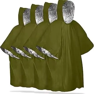 Poncho de emergencia con forro de manta Mylar para equipo de supervivencia, impermeable, resistente al viento, poncho de lluvia verde para exteriores, campamento y kits de emergencia de automóvil, poncho térmico, paquete de 4 (verde)