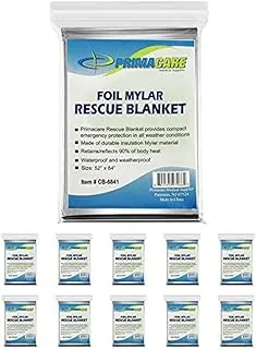 Primacare HB-10 - Mantas térmicas de Mylar de emergencia, paquete de 10, 84 x 52 pulgadas, color plateado, reflectante, impermeable, retiene el 90% del calor corporal, para supervivencia, primeros