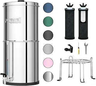 Purewell Sistema de filtro de agua por gravedad de ultrafiltración de 3 etapas de 0.01 μm, sistema de encimera de acero inoxidable 304 con 2 filtros, grifo de metal con indicador de nivel de agua y
