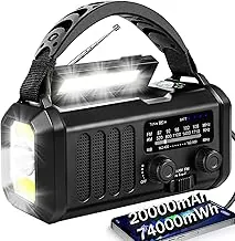 QAUYYW Radio de emergencia de manivela, 74000 mAh solar portátil NOAA AM FM con radio meteorológica con linterna de 3 modos y luz de lectura, cargador de teléfono celular, señal de emergencia para