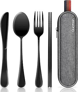 Quatish - Utensilios de viaje con estuche, juego de cubiertos portátiles para el trabajo, juego de cubiertos de viaje reutilizables de acero inoxidable, juego de tenedor y cuchara para campamento, picnic, gadgets, lonchera para hombres, color negro