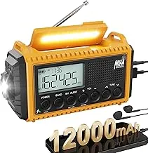 Radio de emergencia de 12000mAh/44400mWh - Radio de alerta meteorológica NOAA con escaneo automático y alarma SOS, energía de 6 vías con solar y manivela, linterna, lámpara de lectura para exteriores