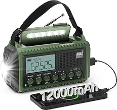 Radio de emergencia NOAA con alertas meteorológicas automáticas, radio meteorológica solar de manivela de 12000 mAh, 6 fuentes de alimentación, sintonización digital LCD brillante, receptor AM/FM/SW