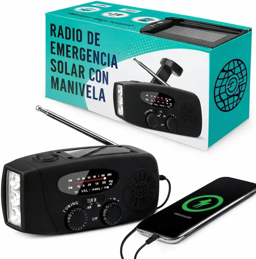 Rádio de emergência solar com manivela para receber alertas durante inundações