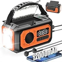 Radio meteorológica de emergencia de 44400mWh/12000mAh, radio de manivela, radio solar portátil AM/FM/NOAA con 2 paneles solares, 3 métodos de carga, alarma SOS, linterna de 3 modos, cargador de