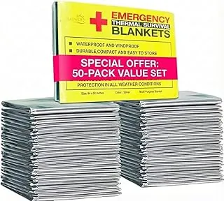 Rawyer - Paquete de 50 mantas de supervivencia térmica de emergencia, mantas Mylar para exteriores, campamento, senderismo, supervivencia en climas adversos, hojas térmicas plateadas grandes, equipo de supervivencia resistente (50, 84 x 52)