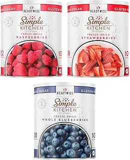 ReadyWise Simple Kitchen - Paquete de frutas liofilizadas – Fresas (18 porciones), frambuesas (22 porciones), arándanos (28 porciones), MRE, suministro de alimentos de emergencia, frutas enlatadas,