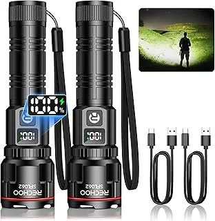 RECHOO Paquete de 2 linternas recargables, linterna LED súper brillante de alto lúmenes con pantalla digital LCD, 3 modos de iluminación y luces de antorcha con zoom para el hogar, campamento, caza, emergencia