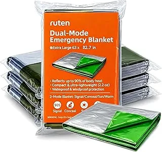 Ruten Manta térmica de emergencia de doble cara verde/plata (paquete de 4) – Extra grande 63 x 82.7 pulgadas de Mylar resistente al aire libre para camping, coche, senderismo, kits de supervivencia – Resistente al viento y al agua