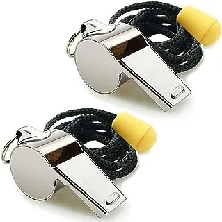 Silbato, paquete de 2 silbatos deportivos de acero inoxidable con cordón, silbatos de sonido fuerte y nítido ideales para entrenadores, árbitros y funcionarios