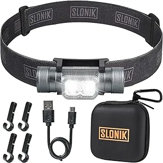SLONIK Linterna frontal recargable para adultos - Linterna LED súper brillante de 1000 lúmenes con haz de 60 pies - Ligera, resistente, IPX4 impermeable, luz para casco - Equipo de campamento, faro