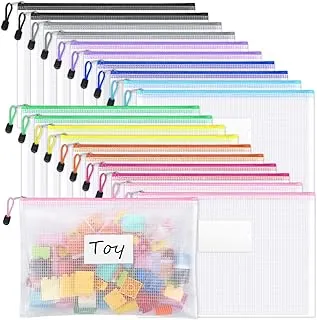 Sooez Paquete de 20 bolsas de malla con cremallera, tamaño A4, bolsas con cremallera con bolsillo para etiquetas, bolsas impermeables para organizador de aula, almacenamiento de juguetes de mesa