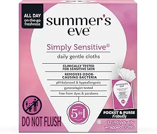 Summer's Eve Toallitas femeninas Simply Sensitive con fórmula micelar a base de agua con pH equilibrado que ayuda a controlar el olor vaginal, toallitas envueltas individualmente, 12 unidades