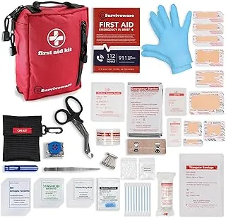 Surviveware Kit completo de primeros auxilios de supervivencia premium de 98 piezas - Kit de emergencia médica para equipamiento de camping, artículos esenciales para el hogar y emergencias al aire