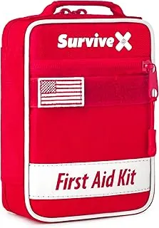 SurviveX Pequeño kit de primeros auxilios para automóvil, viajes y hogar – Kit de emergencia para senderismo, camping, mochilero y al aire libre – Incluye tiras de cierre de heridas Zip Stitch