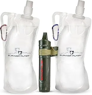 Survivor Filter Squeeze Kit – Pajilla de agua de emergencia con 2 botellas plegables de 33.8 onzas líquidas – Probado en Estados Unidos – Filtración de 0.05 micras – Filtro de agua portátil al aire libre para camping y senderismo – Sin caducidad