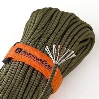 SurvivorCord Survival Paracord de 620 libras | Cuerda de paracaídas resistente 550 tipo III de grado militar con alambre utilitario de latón, línea de pesca de 25 libras, resistente al agua – Sombrero