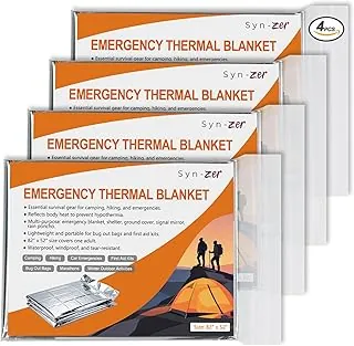 Syn-zer Emergency Mylar Thermal Blankets 4-Pack – 82"x52" Space Blankets for Camping, Hiking, First Aid, Car Emergency, Bug Out Bag, and Cold Winter Outdoor Activities