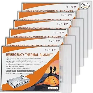 Syn-zer Emergency Mylar Thermal Blankets 6-Pack – 82"x52" Space Blankets for Camping, Hiking, First Aid, Car Emergency, Bug Out Bag, and Cold Winter Outdoor Activities