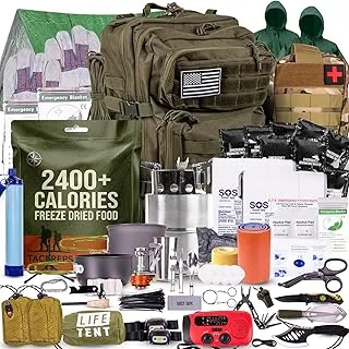 TacPreps Kit de supervivencia de 72 horas | Bolsa de emergencia con primeros auxilios, filtro de agua, alimentos, herramientas | Mochila táctica de 45L para campamento, senderismo, preparación de