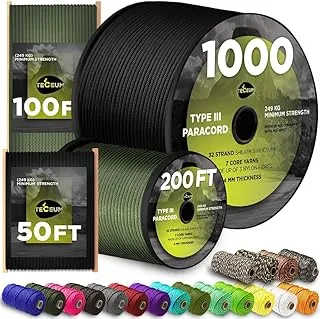TECEUM Cuerda de paracaídas táctica de 5/32 pulgadas, 1000 pies, 200 pies, 100 pies, 50 pies, cuerda de paracaídas táctica de 0.157 in - más de 45 colores - Cuerda de nailon para supervivencia y equipo de campamento - Cuerda de rayas para supervivencia - Cuerda de utilidad