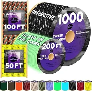 TECEUM - Cuerda resistente 1000 de 1000 / 200 / 100 / 50 pies, más de 40 colores, cuerda para supervivencia y campamento, cuerda de nailon utilitaria, cuerda para tienda de campaña
