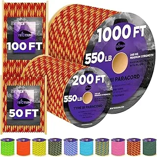 TECEUM Cuerda táctica Paracord tipo III 550 Fire Flame – 100 pies – 0.157 in – Cuerda táctica MIL-SPEC – Cuerda para exteriores – Equipo y equipo de pesca – Cuerda de paracaídas EDC – Cuerda de