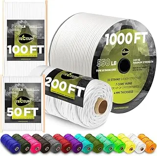 TECEUM Paracord tipo III 550 Blanco – 50 pies – 4 mm – Cuerda táctica MIL-SPEC – Cuerda para exteriores – Equipo y accesorios para acampar, senderismo y pesca – Cuerda de paracaídas EDC – Cuerda de