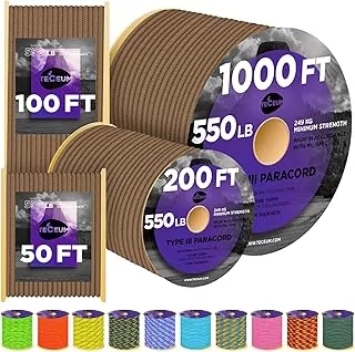 TECEUM Paracord tipo III 550 Marrón Grizzly – 100 pies – 0.157 in – Cuerda táctica MIL-SPEC – Cuerda para exteriores – Equipo y equipo de pesca – Cuerda de paracaídas EDC – Cuerda de supervivencia fuerte N-16b