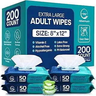 Toallitas de baño para adultos sin enjuague - Toallitas para adultos para personas mayores 20,3 cm x 30,5 cm (200 unidades) Ducha sin enjuague, paños desechables para incontinencia, aloe vera