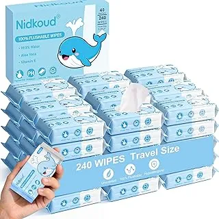 Toallitas desechables de tamaño de viaje, paquete de 40 (240 toallitas) 99.5% de mini toallitas húmedas con agua lavable con aloe vera para piel sensible, toallitas de bolsillo sin perfume para adultos, artículos esenciales de limpieza de viaje